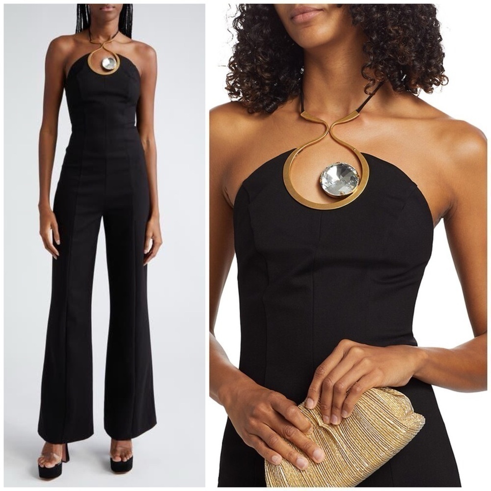 NWT AREA Crystal Cut Out Halter Jumpsuit Brass Glass Jewel Wide Leg Black Sz XL